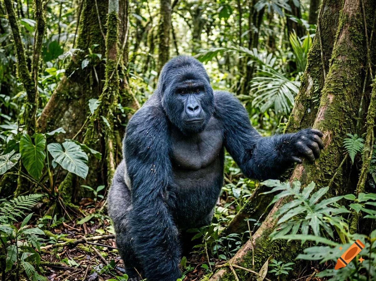 A large silverback gorilla stands amidst the dense foliage of a lush tropical rainforest, with one hand resting against a mossy tree trunk.