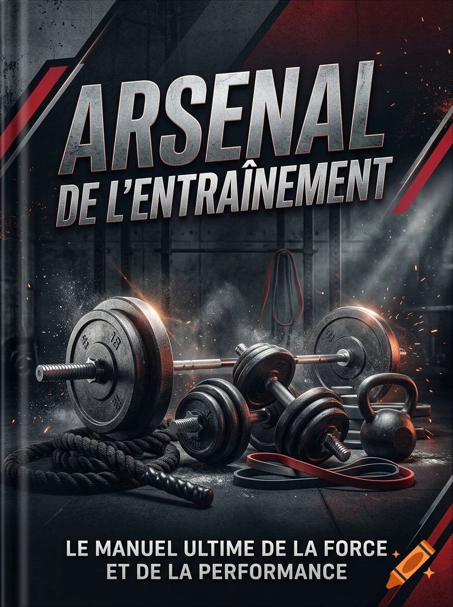 Fitness book cover titled Arsenal de l'Entraînement with weights, dumbbells, and gym equipment.