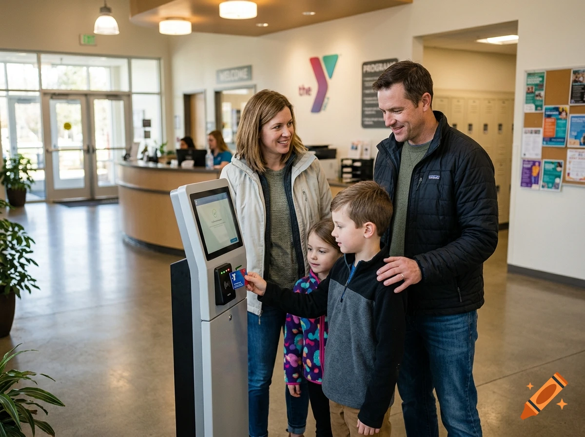 A family of four scanning a membership card at a YMCA reception desk, photorealistic style.