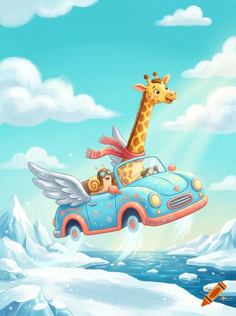 Children's book illustration of a happy giraffe and snail flying in a blue winged convertible over snowy icebergs.