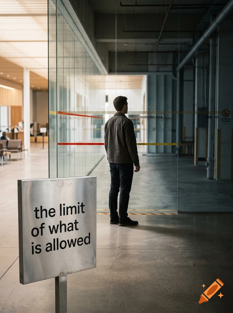 A man stands looking through glass doors in a modern building, with a sign in the foreground reading 'the limit of what is allowed'.