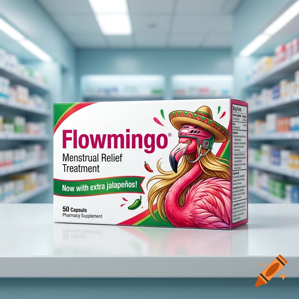 Product box for Flowmingo menstrual relief treatment featuring a flamingo wearing a sombrero and hockey helmet in a pharmacy aisle.