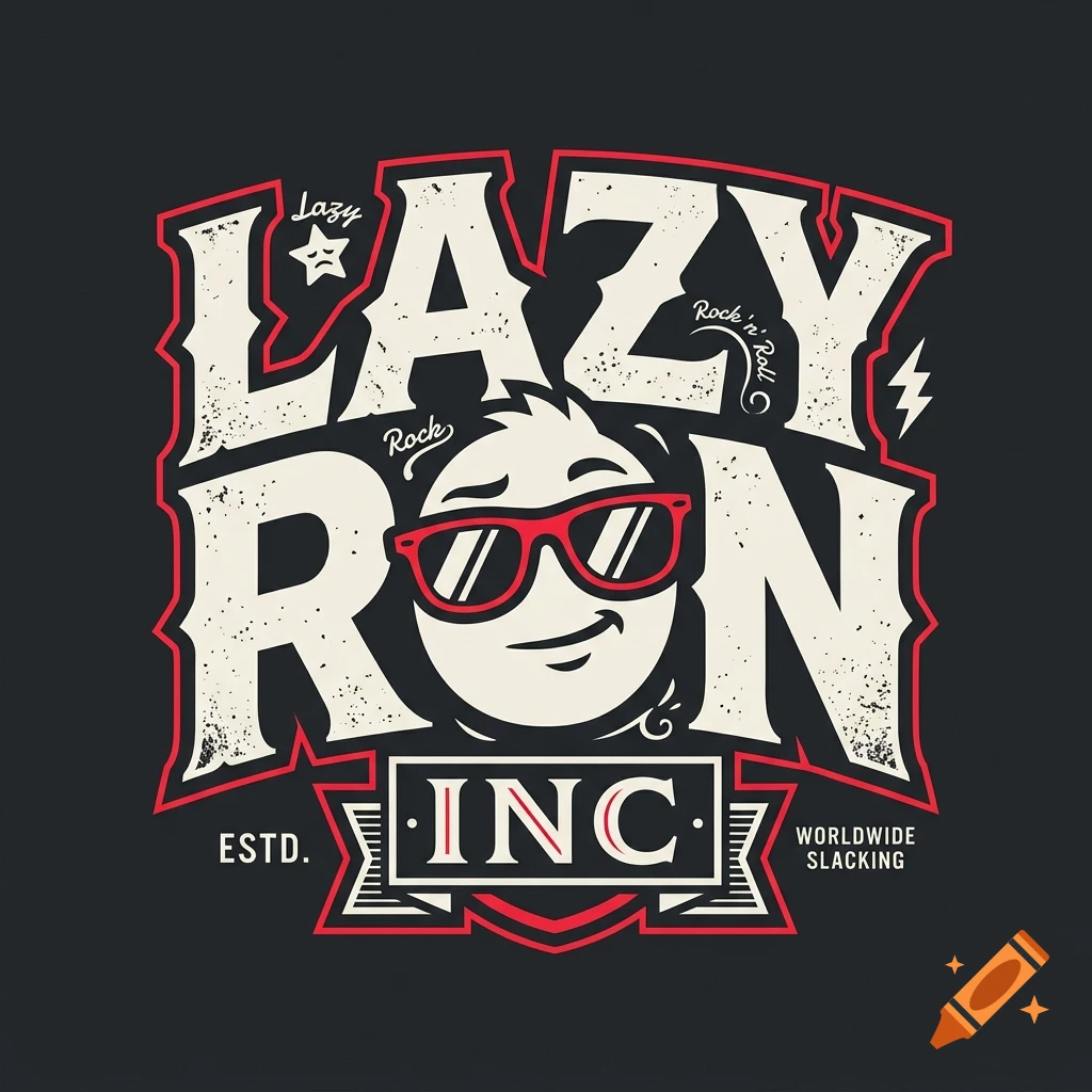 A stylized vector logo featuring the text LAZY RON INC with a cartoon character wearing red sunglasses.