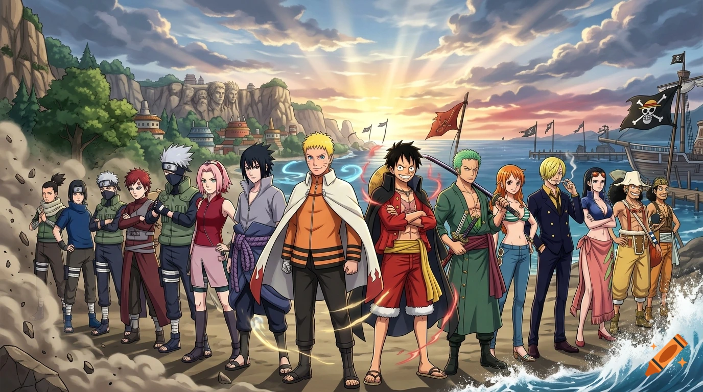 An anime-style group illustration featuring various characters from Naruto and One Piece standing together on a beach landscape during sunset.