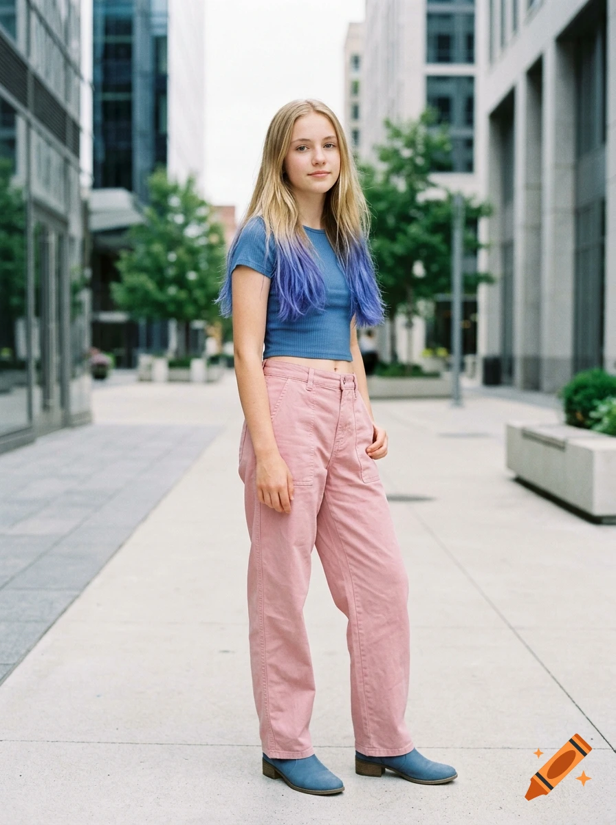 A full-length portrait of a young woman with long blonde hair dip-dyed blue, wearing a blue crop top and pink pants, standing on a city street.