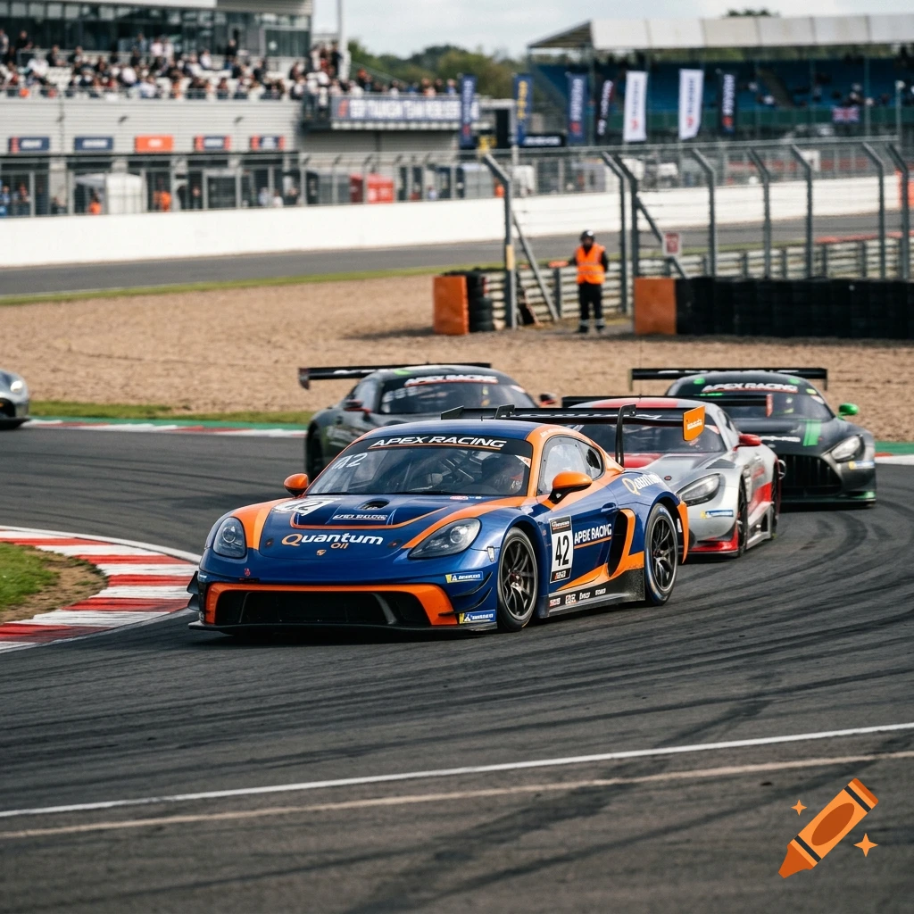 Photorealistic action shot of racing cars cornering on a track during a race.