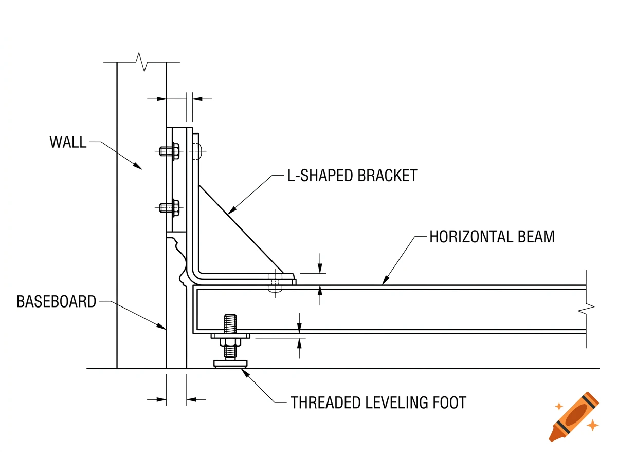 Engineering blueprint diagram showing an L-shaped bracket mounted to a wall above a horizontal beam with a threaded leveling foot.
