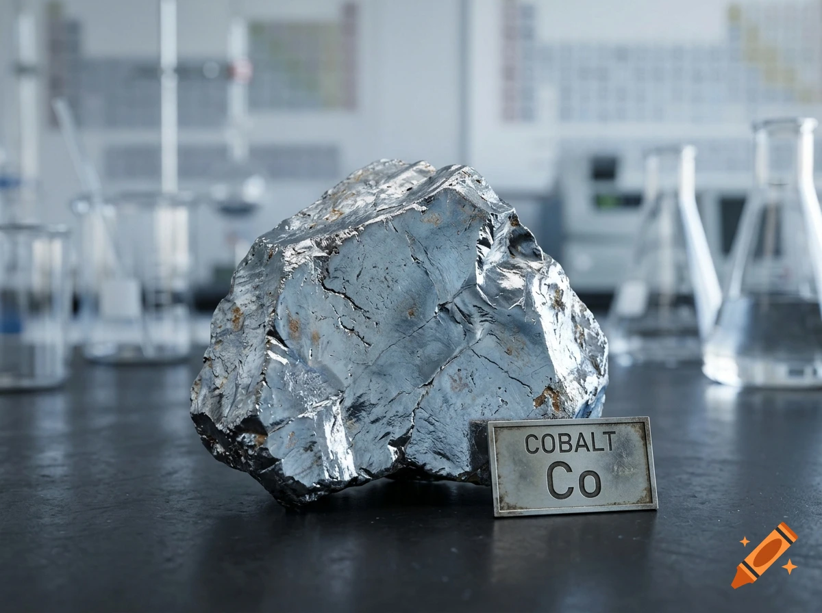 A photorealistic chunk of cobalt metal sits on a dark lab table next to a metal tag labeled Cobalt Co, with glassware in the background.