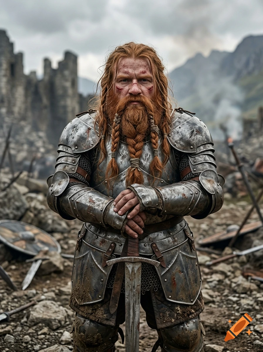 Photorealistic medium shot of a battle-worn ginger dwarf in intricate steel plate armor holding a sword, standing in front of castle ruins.