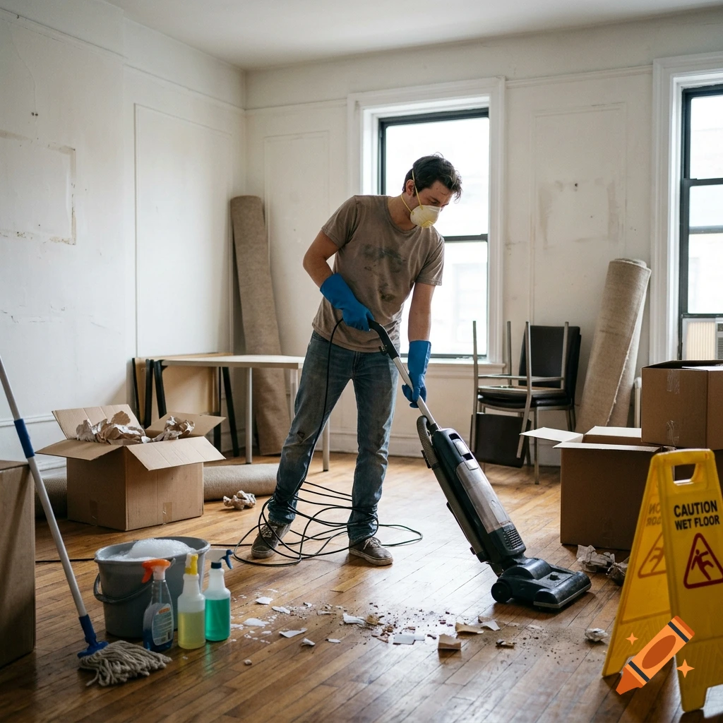 A man wearing a mask and gloves vacuums a room surrounded by moving boxes, cleaning supplies, and rolled-up rugs.