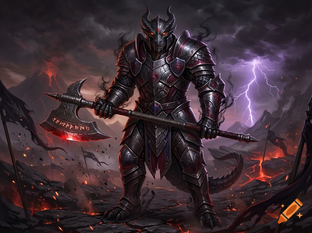 Digital painting of a black dragonborn paladin in ornate plate armor holding a glowing greataxe amidst a stormy volcanic landscape.