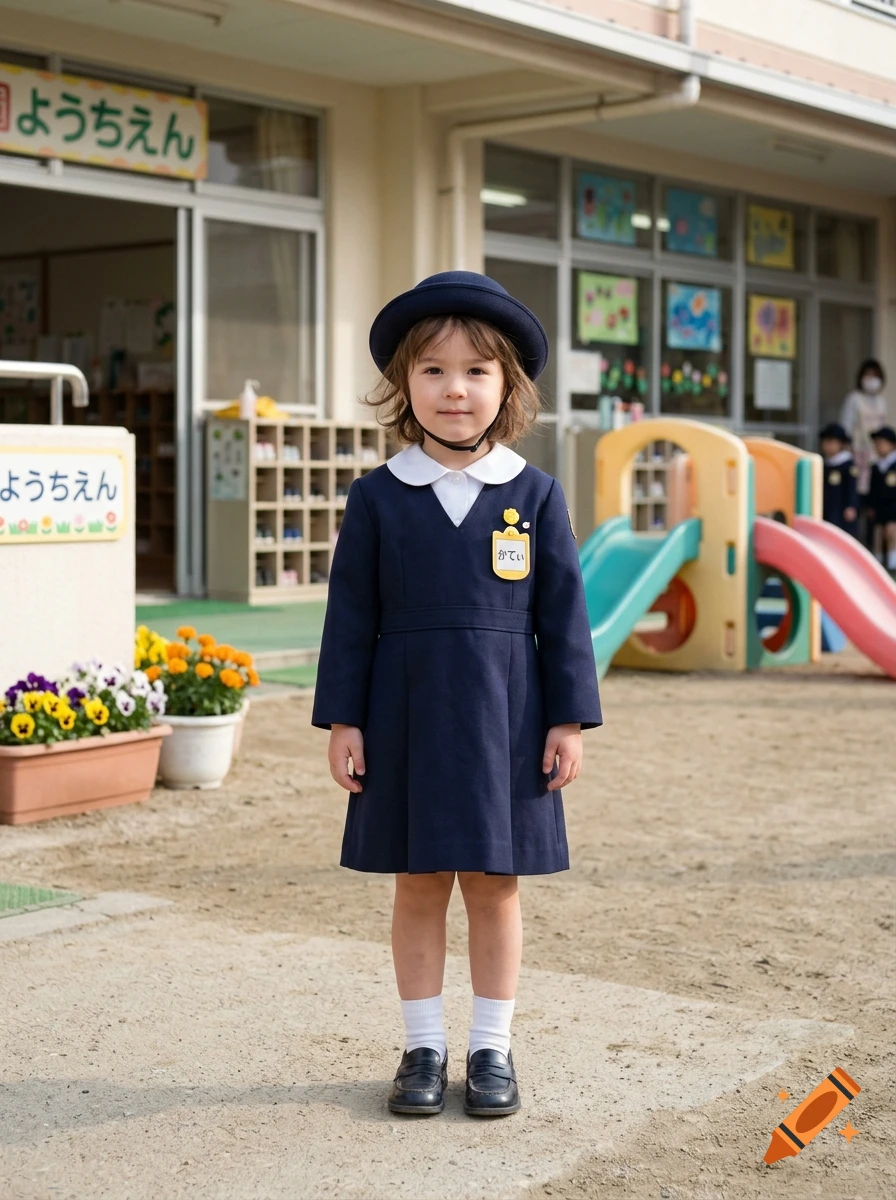 Photorealistic full-length portrait of a 3-year-old child wearing a Japanese kindergarten uniform standing in front of a school.
