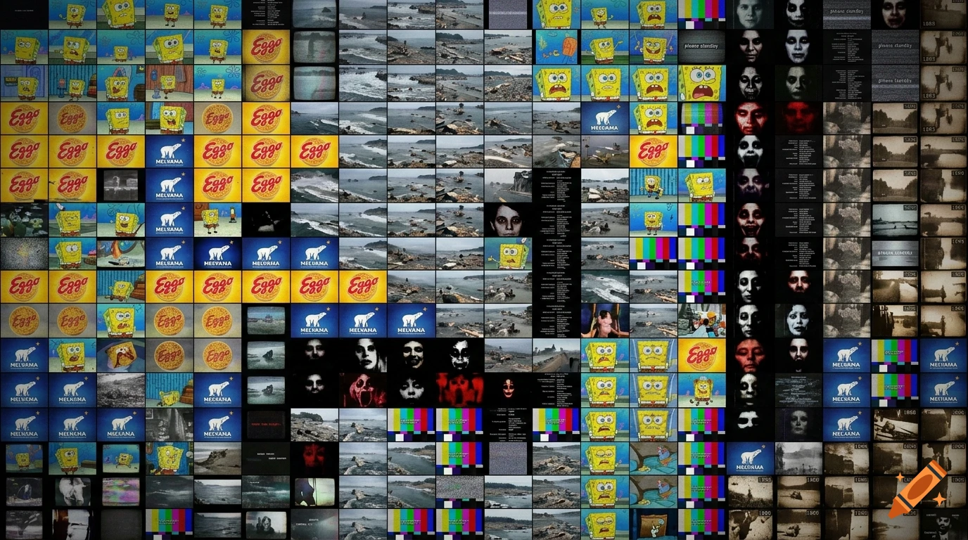 A massive grid collage containing thousands of miniature screens featuring SpongeBob SquarePants, Eggo logos, tsunami footage, and test patterns.