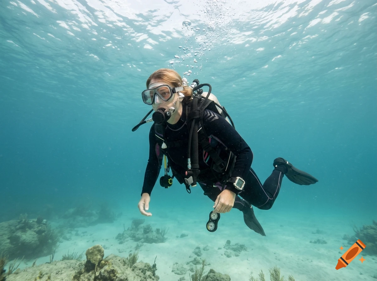 Photorealistic image of a female scuba diver swimming underwater in clear turquoise sea.