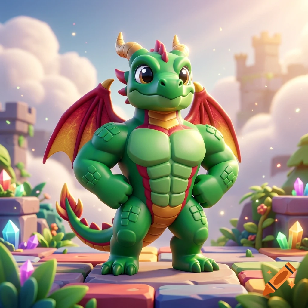 3D Roblox-style render of a muscular green pet dragon with red wings standing in a fantasy castle setting.