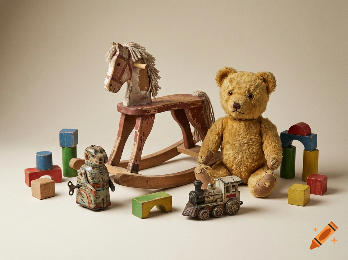 Vintage wooden rocking horse, teddy bear, toy robot, train, and colored blocks on a neutral background, photorealistic.