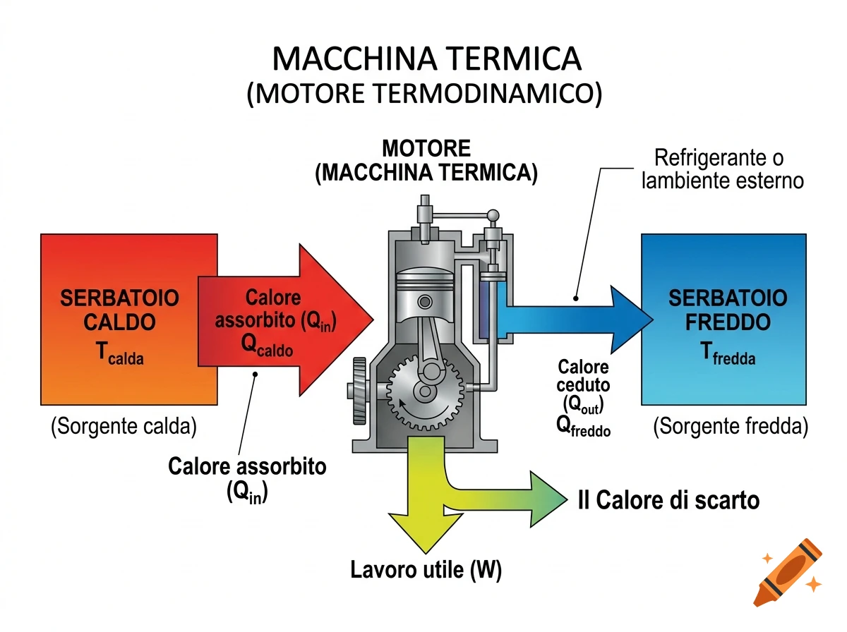 Educational diagram of a thermodynamic heat engine with labels and arrows in Italian