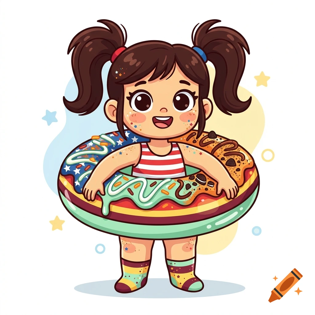 Cartoon illustration of a smiling young girl with ponytails standing inside a large colorful decorated inflatable swim ring.