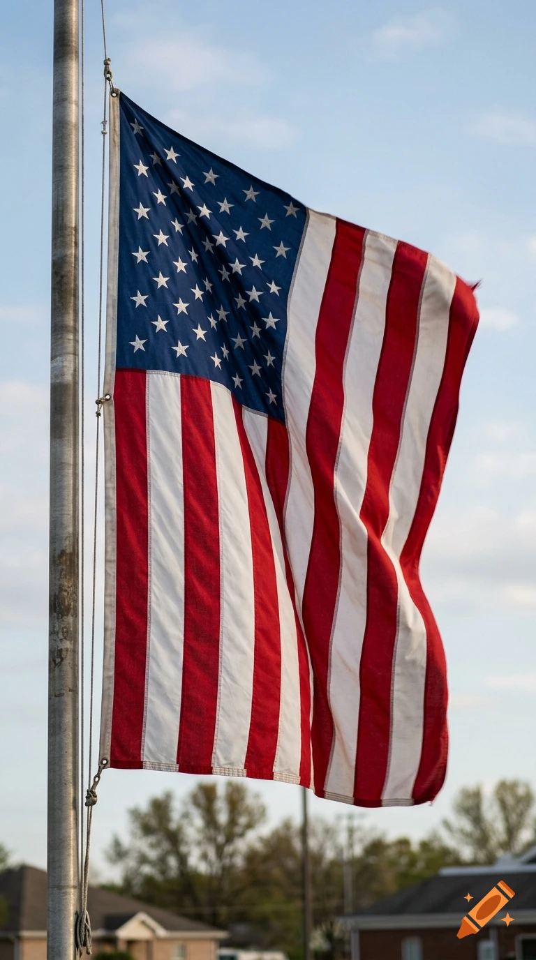 An American flag with vertical stripes flying on a flagpole against a blue sky.