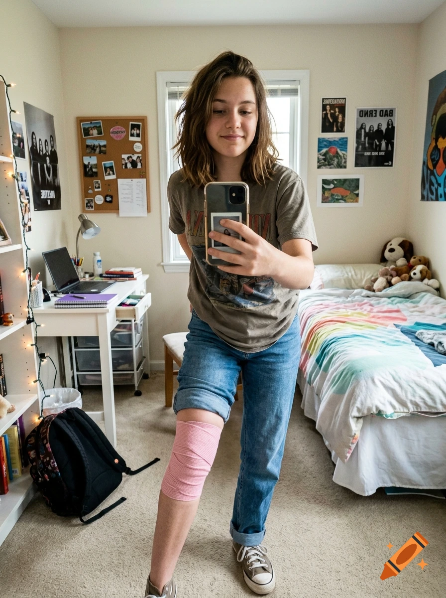 Photorealistic selfie of a teenage girl standing in her bedroom with a pink bandage wrapped around her knee.