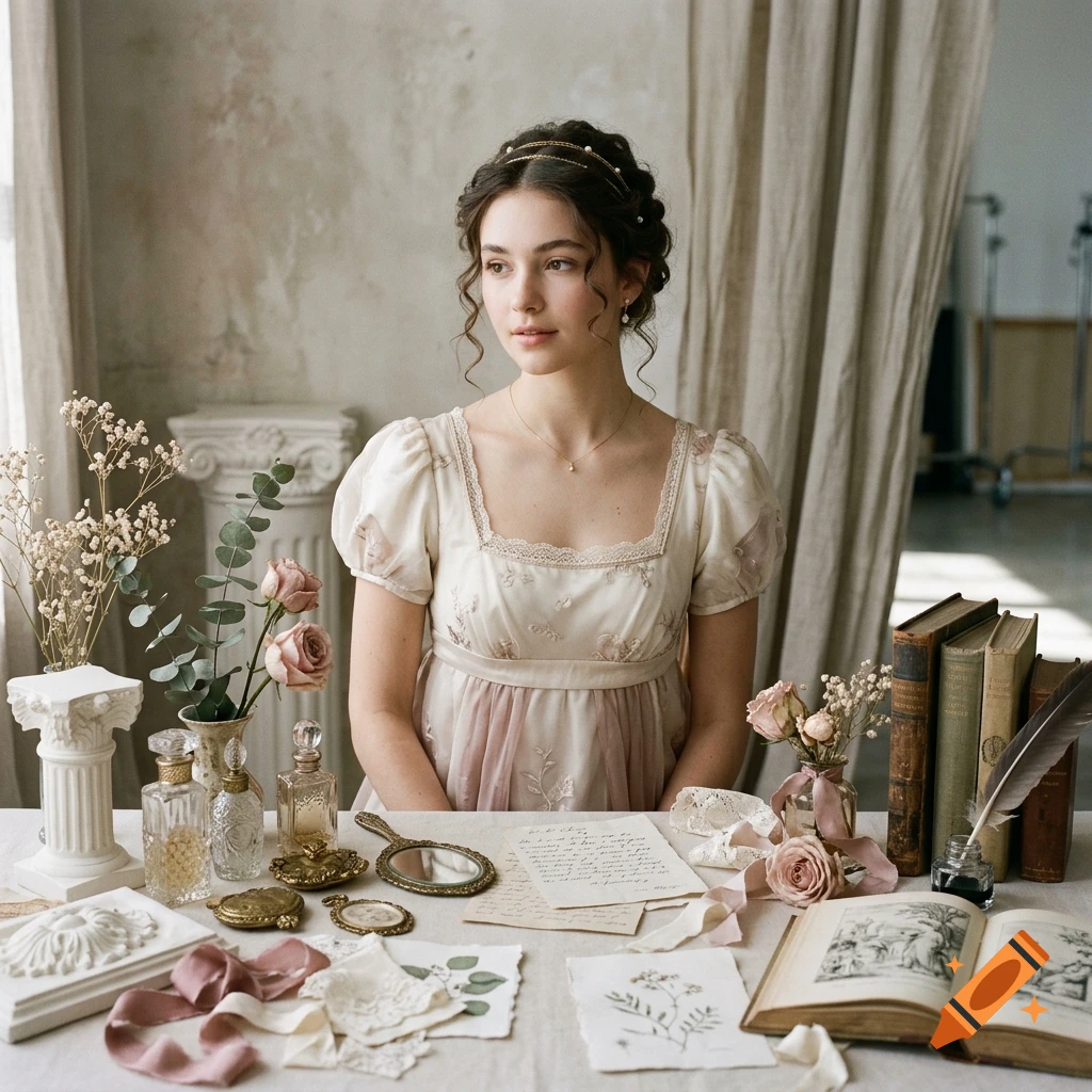 A young woman in a historical Regency-style dress sits at a table laden with antique books, letters, perfume bottles, and flowers.
