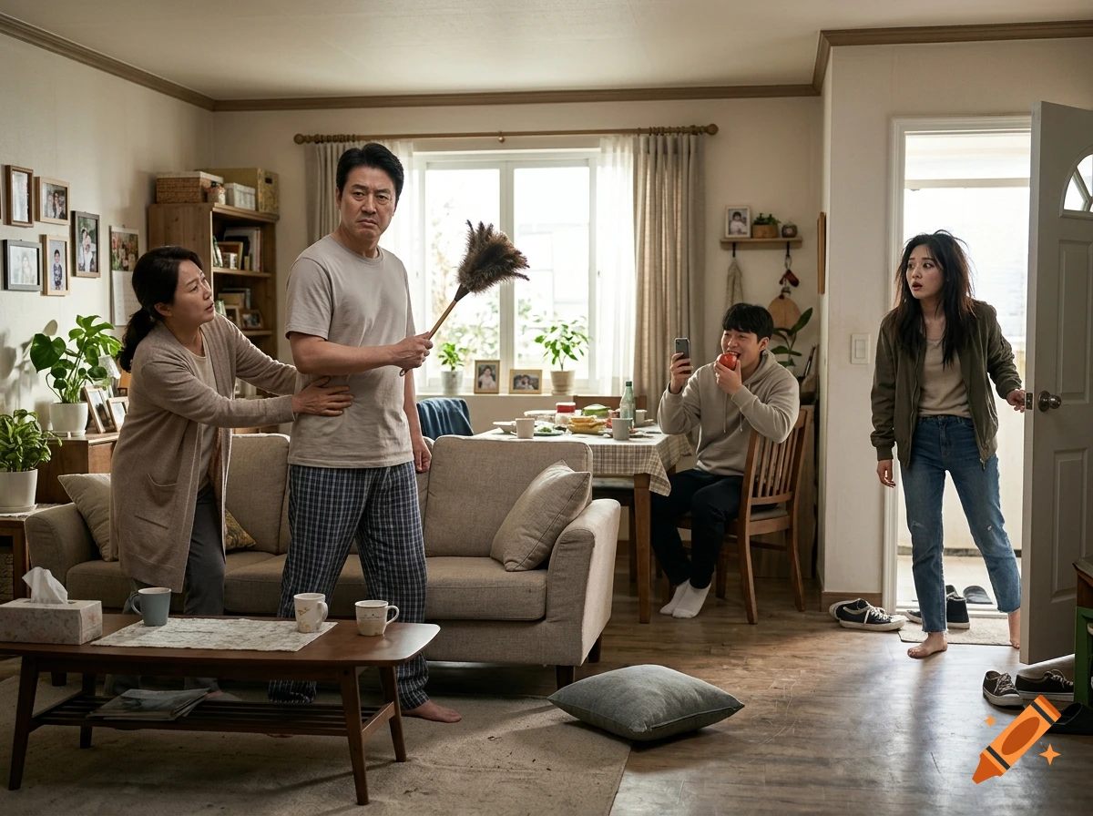 Photorealistic scene of a Korean family in a living room, with a father holding a duster, a mother, a brother eating an apple, and a daughter entering through the door.