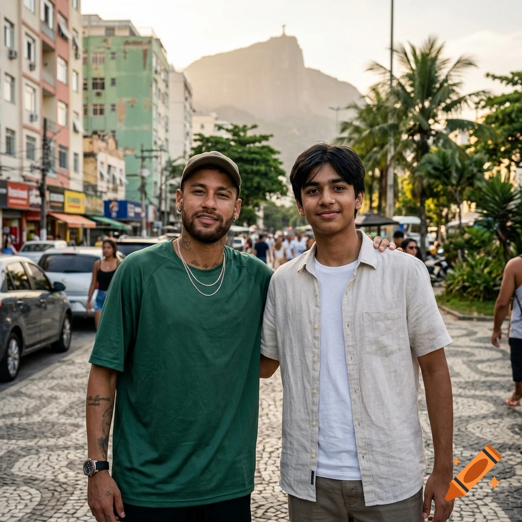 Photorealistic photo of Neymar and a young man standing on a cobblestone street in Rio de Janeiro with Sugarloaf Mountain in the background.