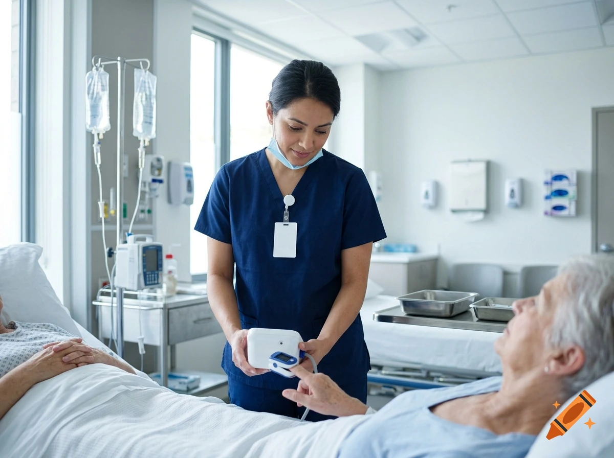 A nurse in blue scrubs attaching a pulse oximeter to a patient's finger in a hospital room, photorealistic.