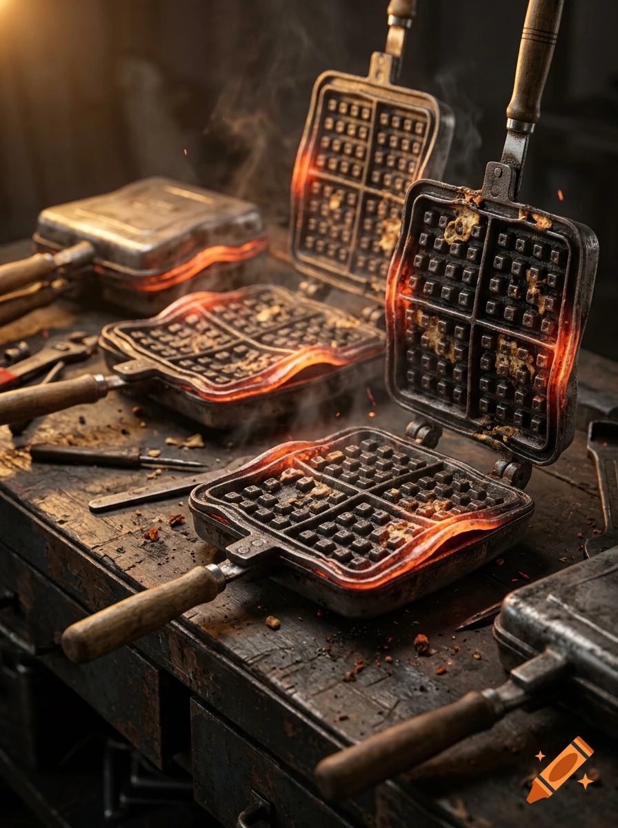 Photorealistic shot of glowing, red-hot warping waffle irons heating up on a rustic wooden workshop table.