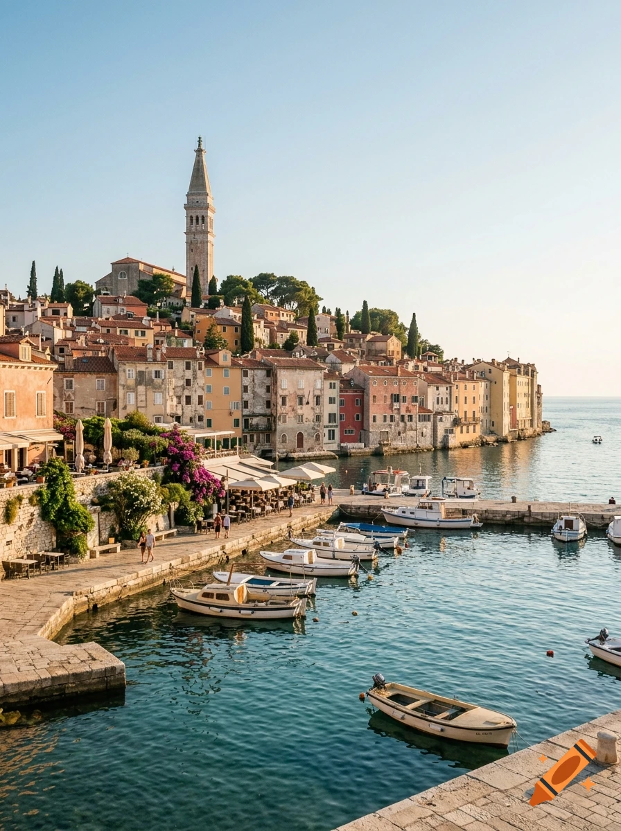 Photorealistic view of Rovinj, Croatia, featuring coastal buildings, a tall church tower, and boats docked in the clear blue sea.