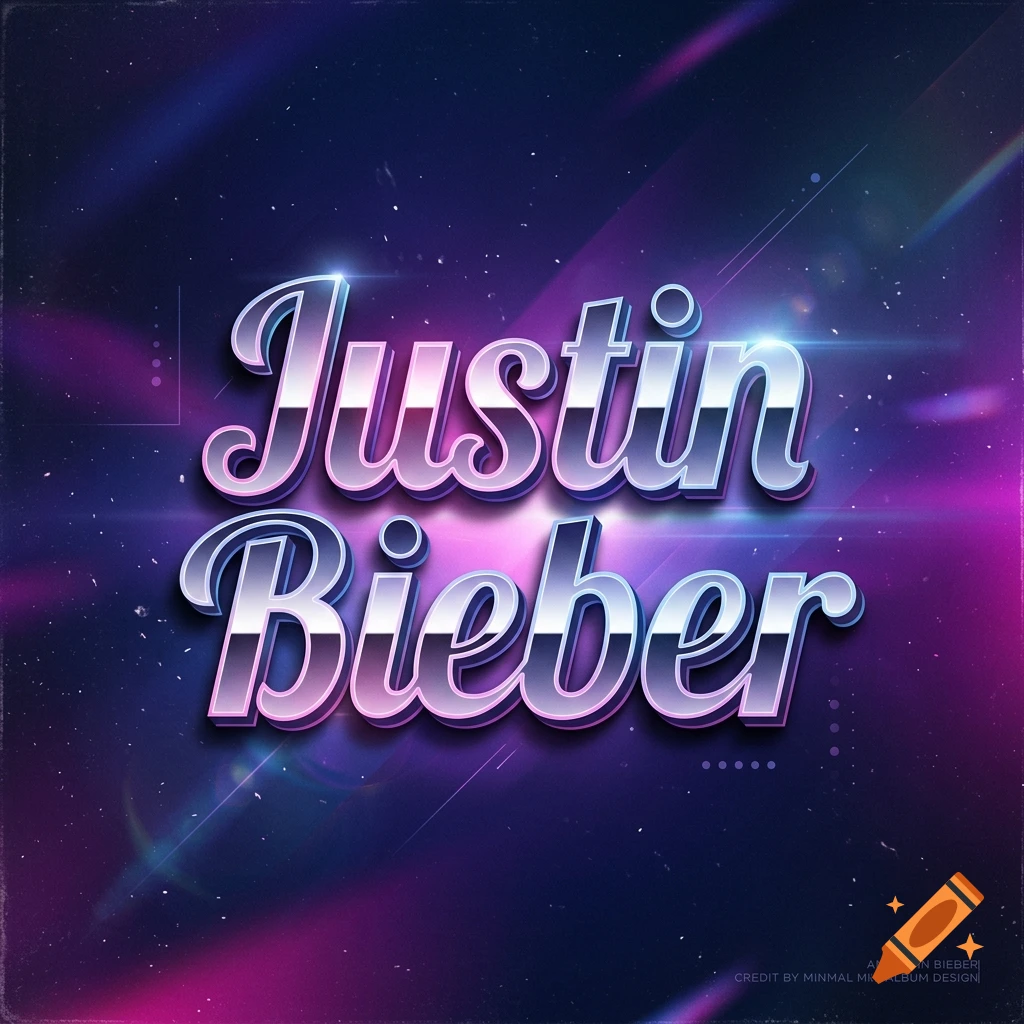 Glossy chrome lettering reading Justin Bieber set against a dark purple and blue space-like background with lens flares and subtle star particles.