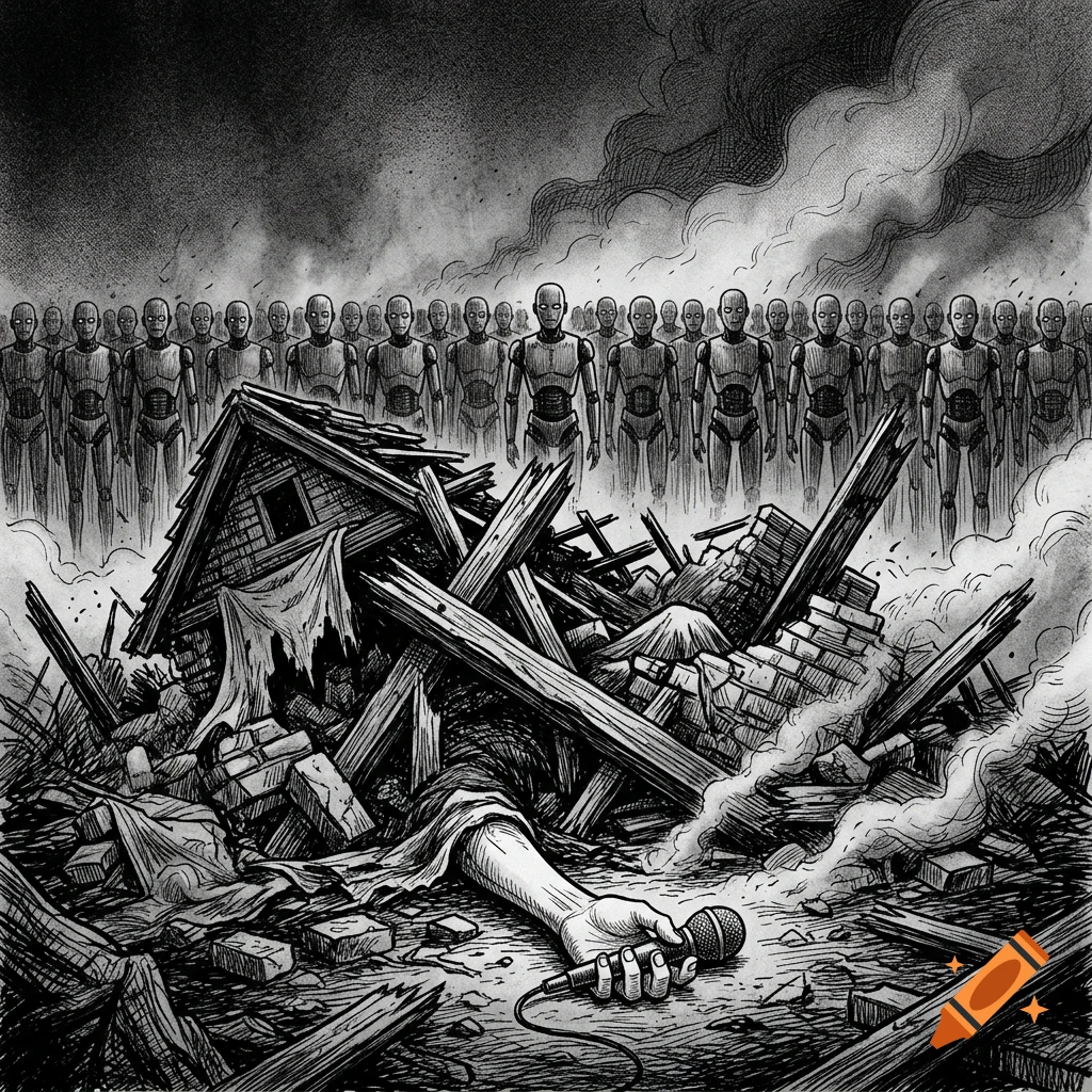 Pen and ink illustration of a human arm holding a microphone beneath rubble, with a crowd of humanoid robots in the background.