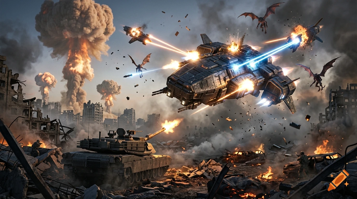 An epic sci-fi battle in a ruined city with a heavy warship firing lasers, flying creatures, tanks, and nuclear explosions.