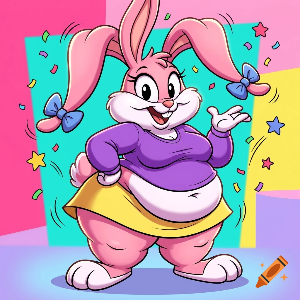 Digital cartoon illustration of an overweight pink rabbit character with blue hair bows, purple shirt, and yellow skirt.