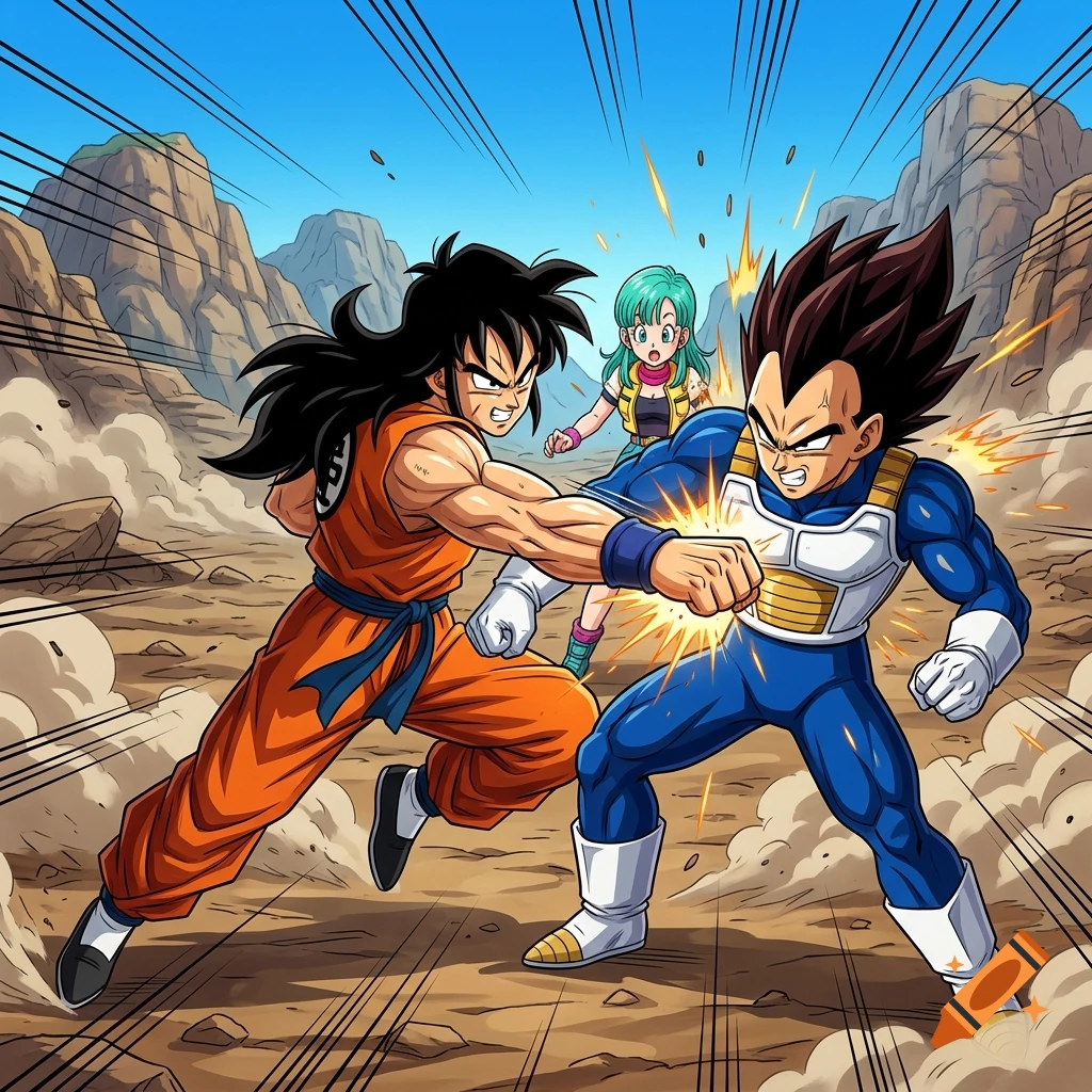 Anime style illustration of Yamcha punching Vegeta in a rocky desert landscape, with Bulma watching in the background.