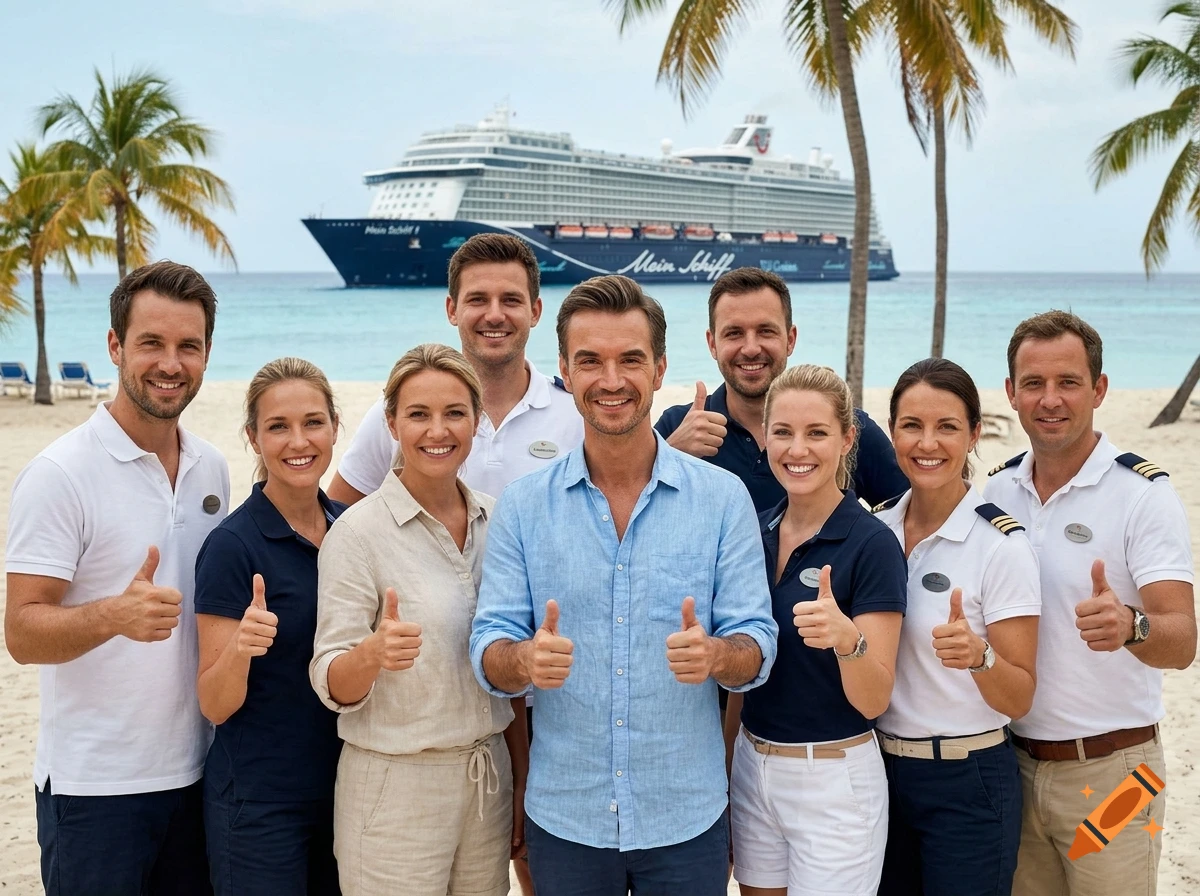 Photorealistic group of eight crew members and captain smiling and giving thumbs up on a tropical beach in front of a cruise ship.