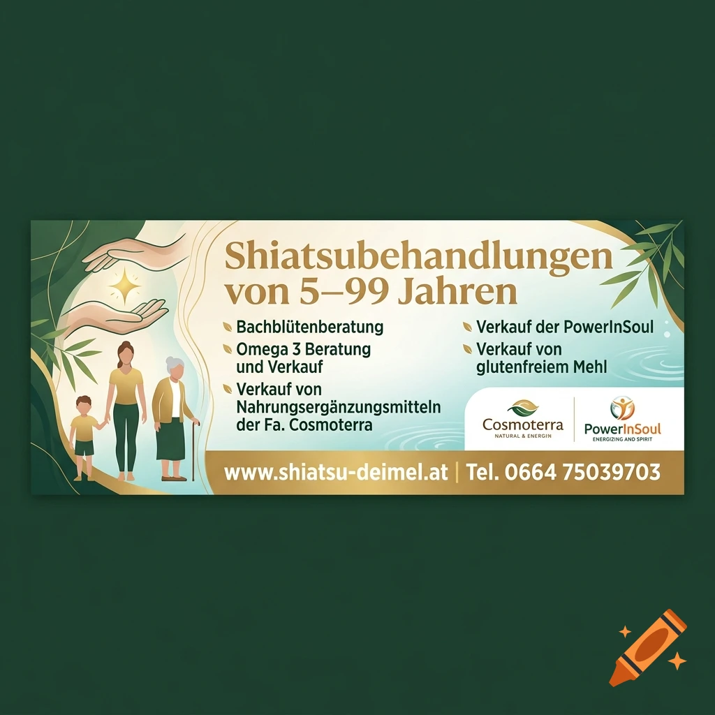 A promotional banner for a Shiatsu practice featuring text, logos, and illustrations of people and hands.