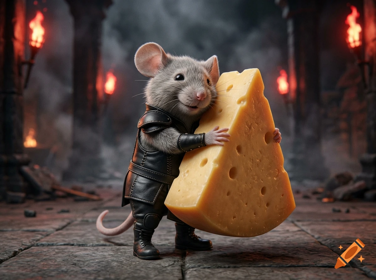 A cute grey mouse wearing leather armor and boots carries a large wedge of cheese in a stone dungeon with lit torches.