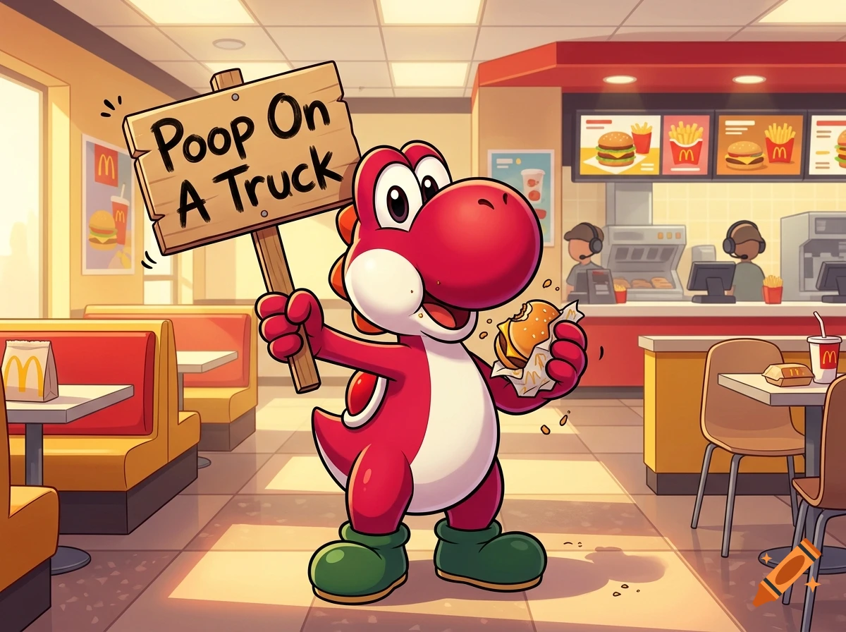 A red cartoon Yoshi holding a sign that says Poop On A Truck while eating a cheeseburger inside a fast food restaurant.