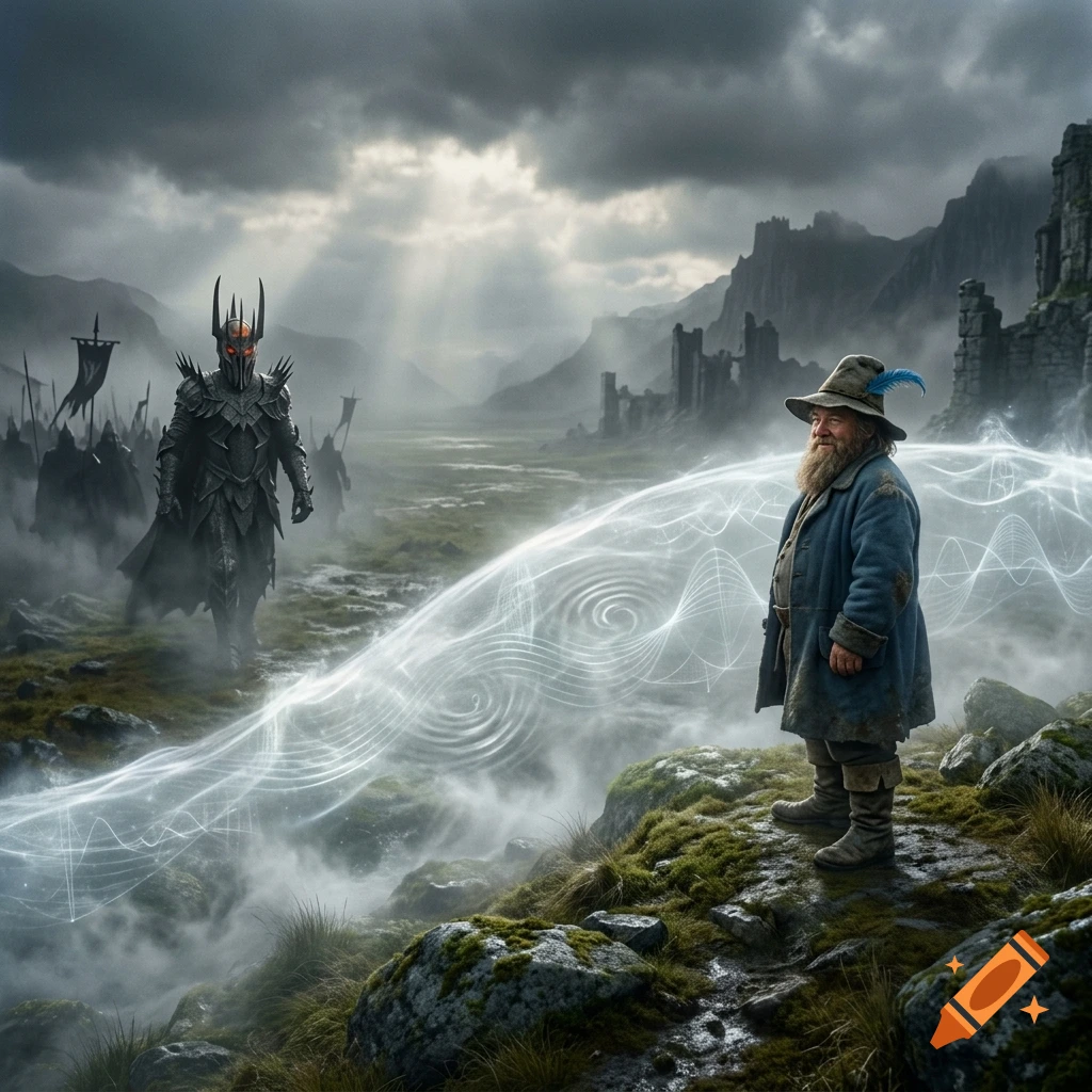 Fantasy digital painting of Sauron approaching Tom Bombadil across a dramatic landscape with magical energy waves.