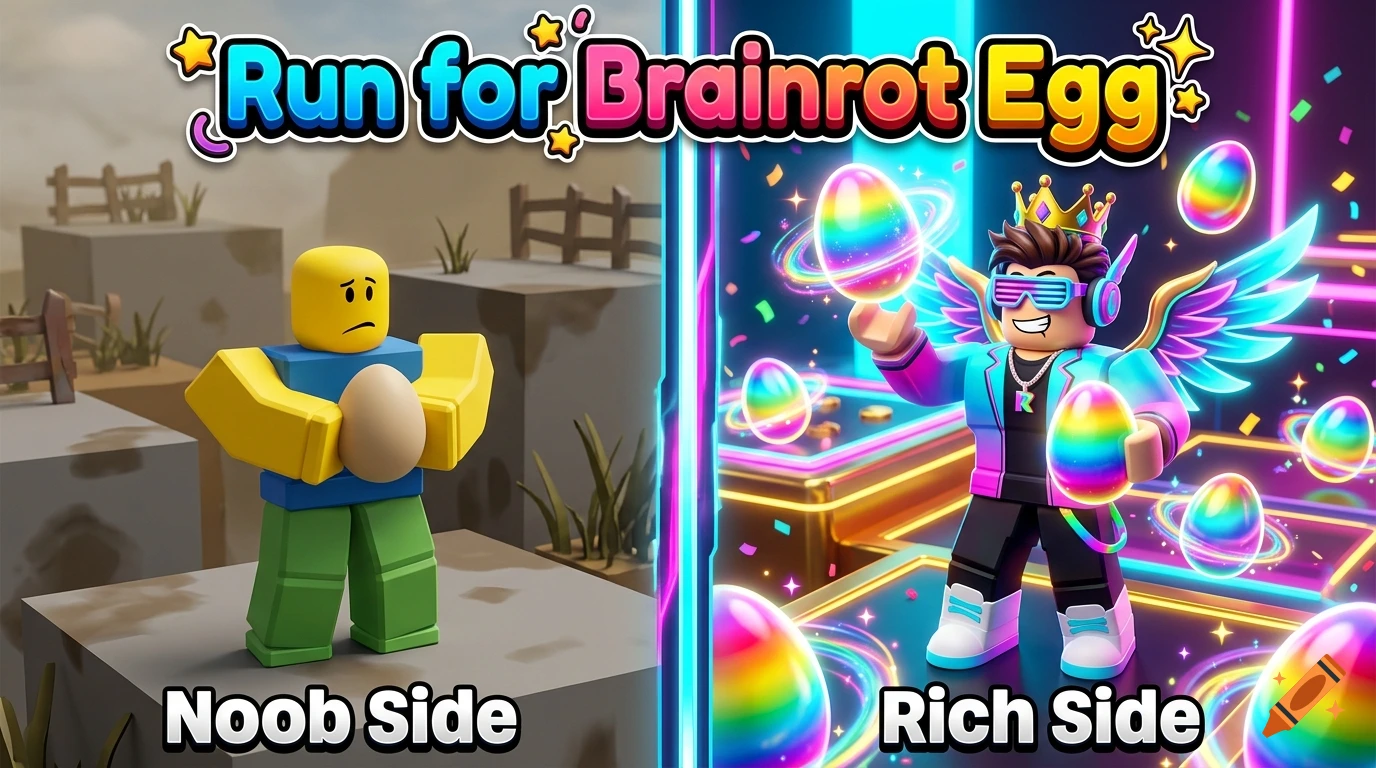 Roblox thumbnail split in half comparing a noob holding an egg on the left to a rich player with rainbow eggs on the right.