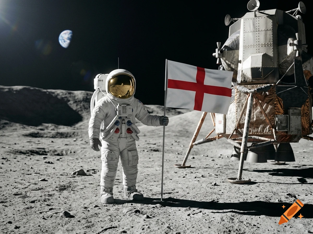 Photorealistic image of an astronaut holding the England flag on the moon next to a lunar lander.