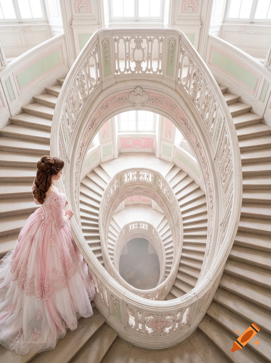 A woman in a pink ballgown stands on a grand, ornate spiral staircase in a pastel-colored palace.