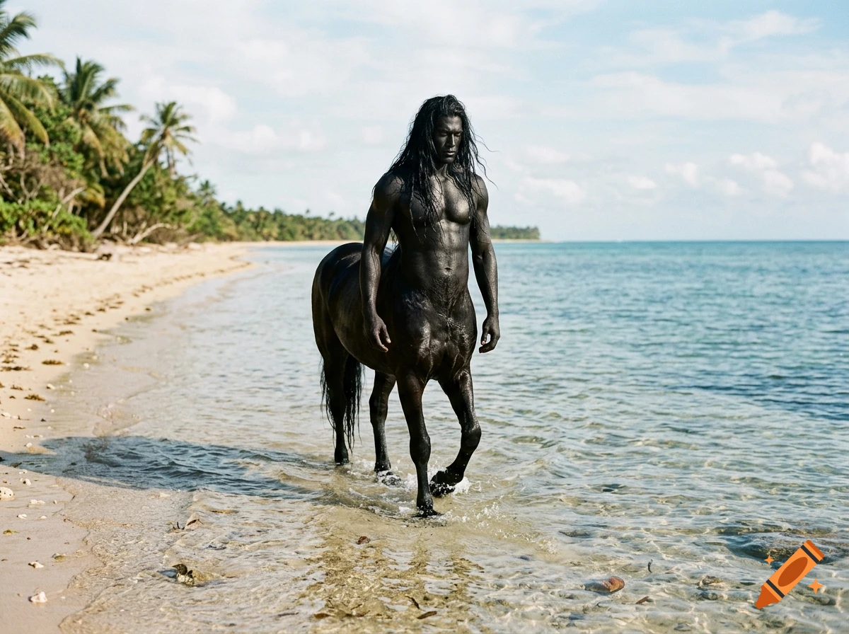 Photorealistic centaur with a dark human torso and black horse body walking in shallow tropical beach water.