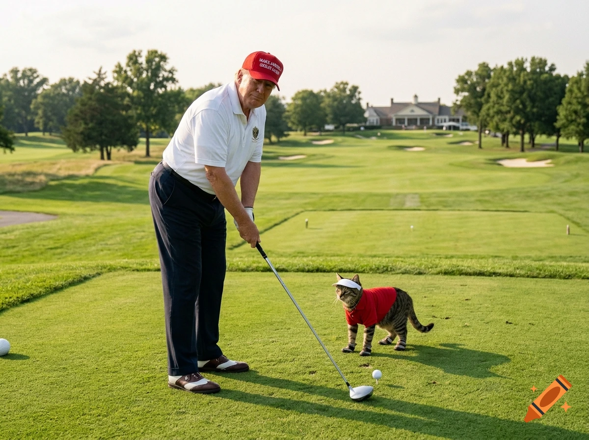 Photorealistic image of a man resembling Donald Trump playing golf on a course alongside a cat wearing a red golf shirt and visor.