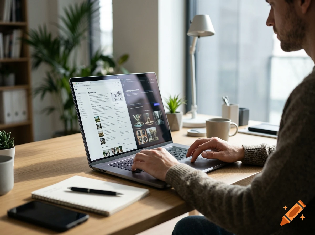 A man working on a laptop at a wooden desk in a bright office.