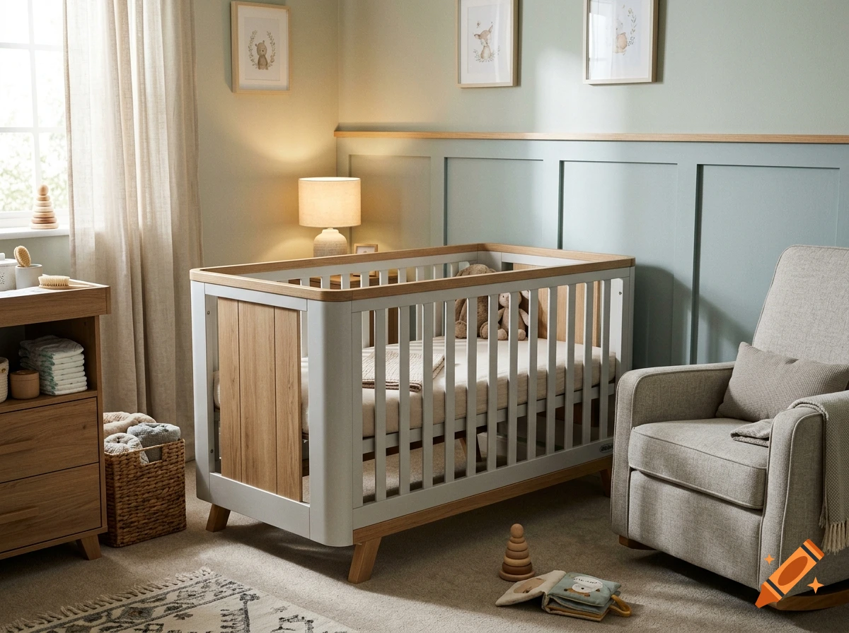 A well-lit nursery room featuring a wooden crib, a matching armchair, a changing table, and decorative framed prints on the paneled wall.
