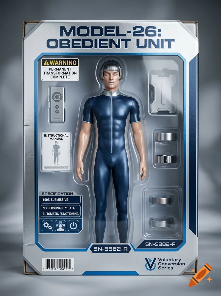 Photorealistic image of a male robot action figure packaged in a display box labeled Model-26 Obedient Unit.