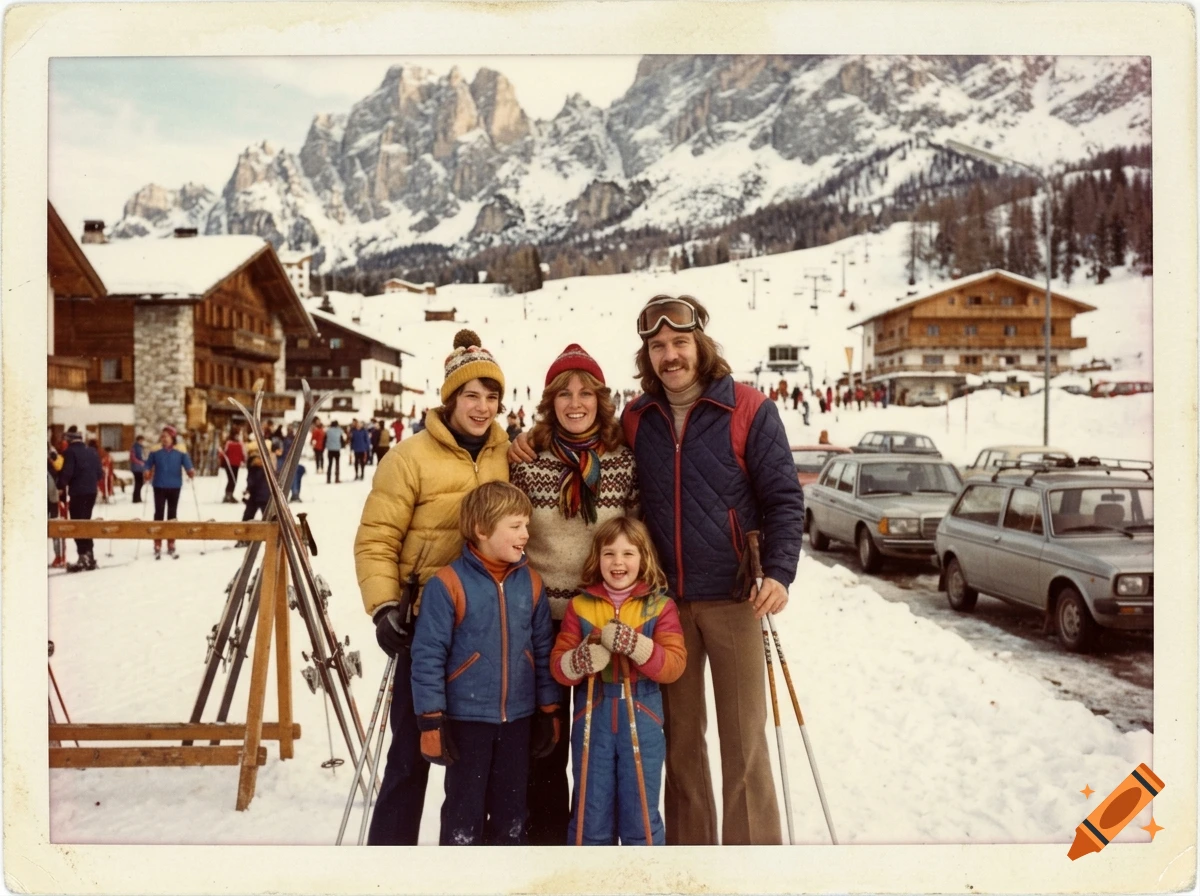 Vintage polaroid photo of a family of four smiling on a ski vacation in Cortina, Italy, 1975.