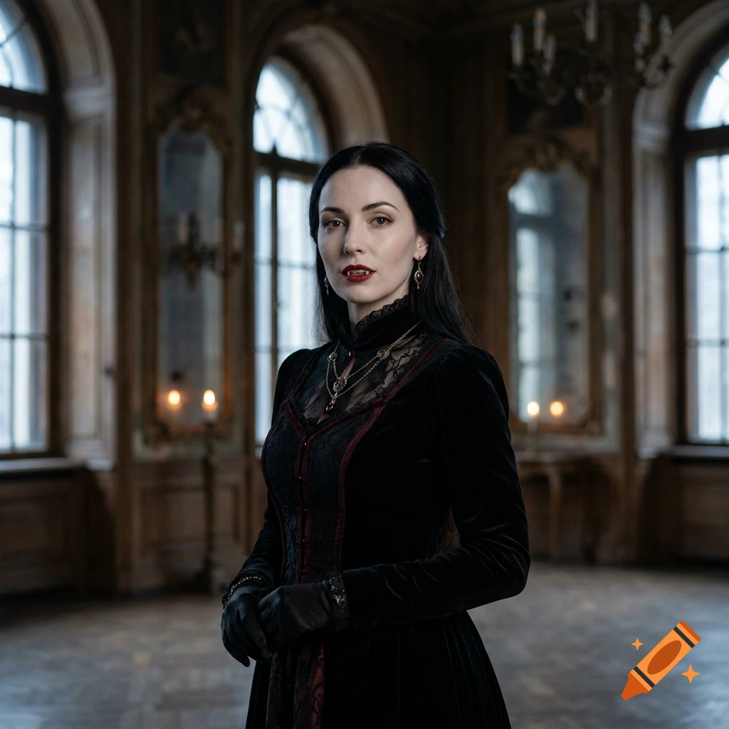 Photorealistic portrait of an elegant female vampire in a dark velvet dress inside a grand gothic hall.